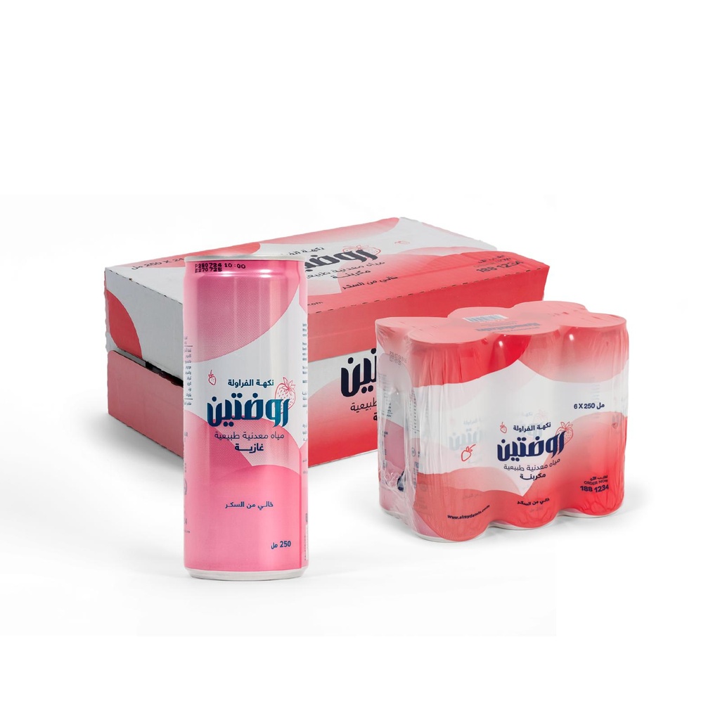 روضتين مياه معدنية طبيعية مكربنة بنكهة الفراولة -عبوة المنيوم - خالي من السكر250مل شد 24